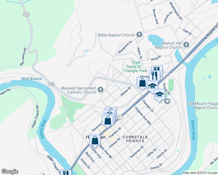 map of restaurants, bars, coffee shops, grocery stores, and more near 712 Chilhowee Street in Harriman