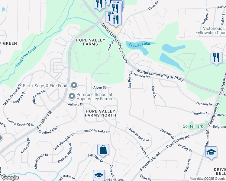 map of restaurants, bars, coffee shops, grocery stores, and more near 1113 Alben Street in Durham