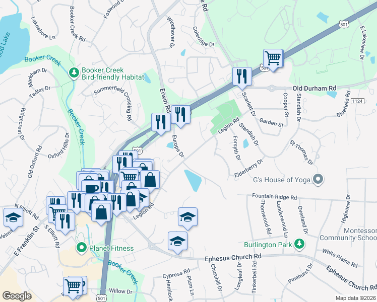 map of restaurants, bars, coffee shops, grocery stores, and more near 101 Europa Drive in Chapel Hill
