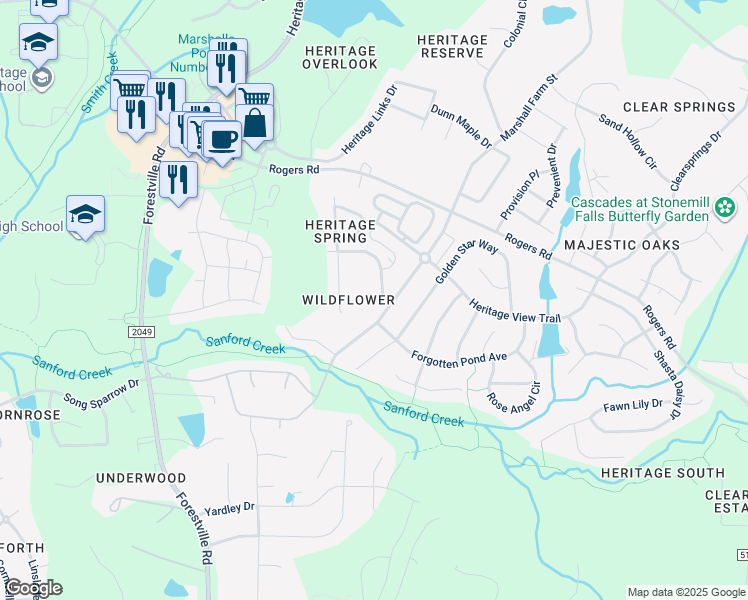 map of restaurants, bars, coffee shops, grocery stores, and more near 3856 Crimson Clover Avenue in Wake Forest