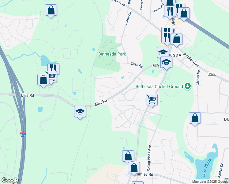 map of restaurants, bars, coffee shops, grocery stores, and more near 2619 Ellis Road in Durham