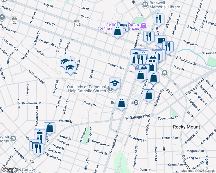 map of restaurants, bars, coffee shops, grocery stores, and more near 334 S Pearl St in Rocky Mt