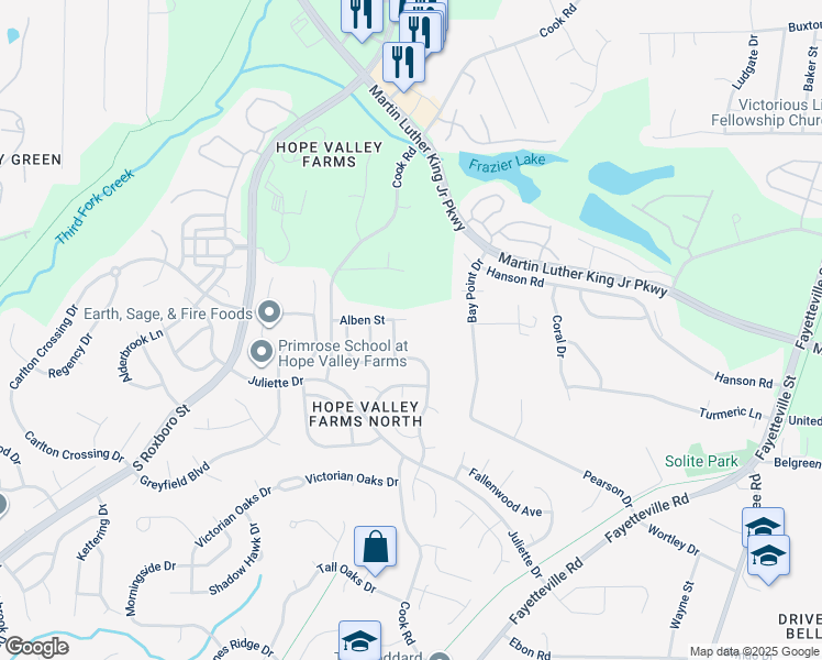 map of restaurants, bars, coffee shops, grocery stores, and more near 1113 Alben Street in Durham