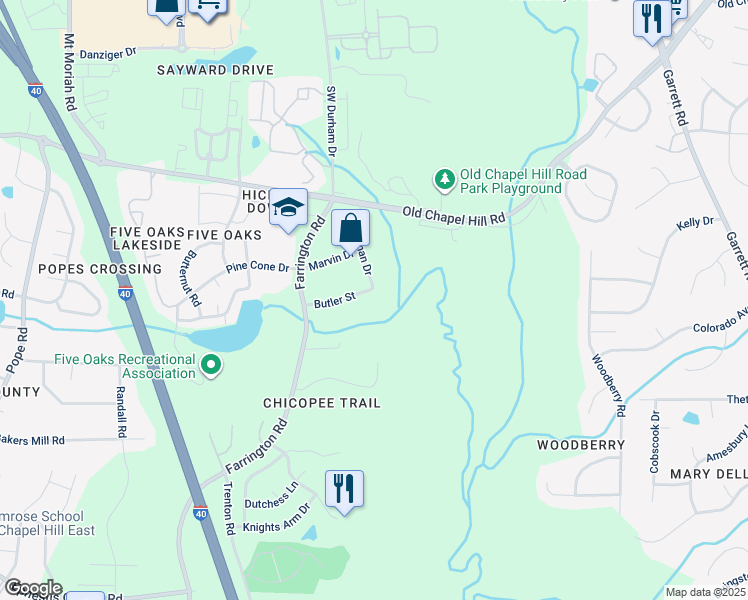 map of restaurants, bars, coffee shops, grocery stores, and more near 4803 Butler Street in Durham