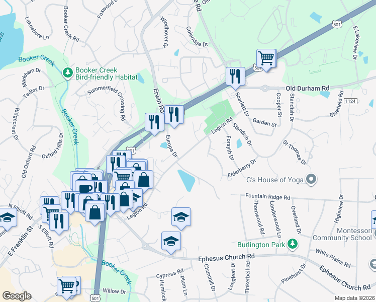 map of restaurants, bars, coffee shops, grocery stores, and more near 101 Europa Drive in Chapel Hill