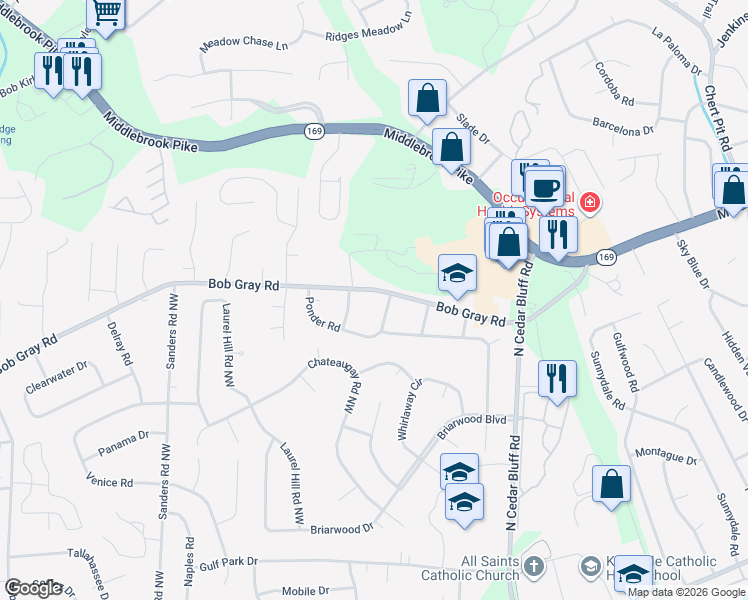 map of restaurants, bars, coffee shops, grocery stores, and more near 913 Gulf Stream Drive in Knoxville