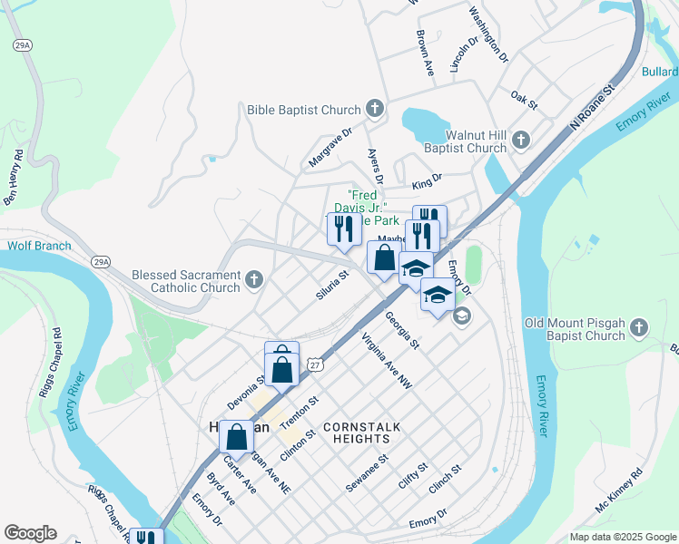 map of restaurants, bars, coffee shops, grocery stores, and more near 604 Oakdale Highway in Harriman