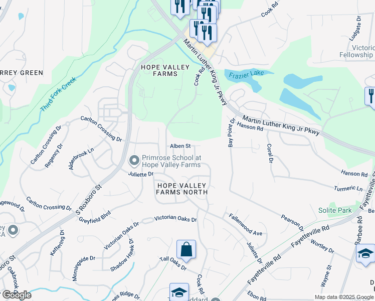 map of restaurants, bars, coffee shops, grocery stores, and more near 1603 Cultivar Lane in Durham
