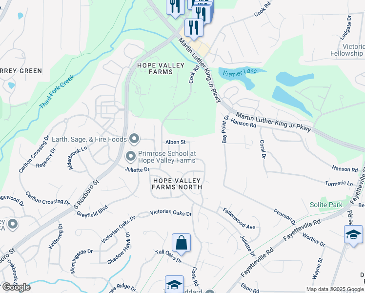 map of restaurants, bars, coffee shops, grocery stores, and more near 1603 Cultivar Lane in Durham