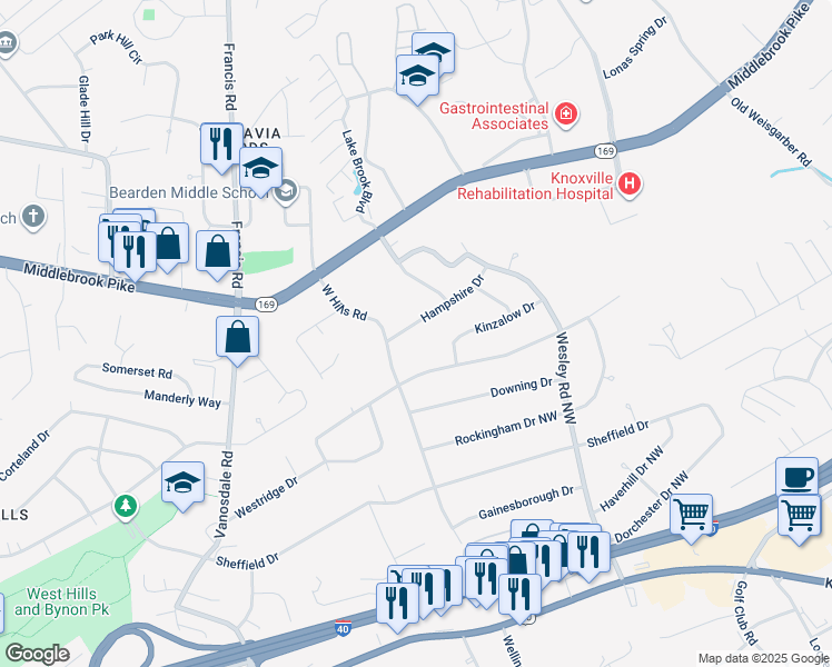 map of restaurants, bars, coffee shops, grocery stores, and more near 7112 Hampshire Drive in Knoxville