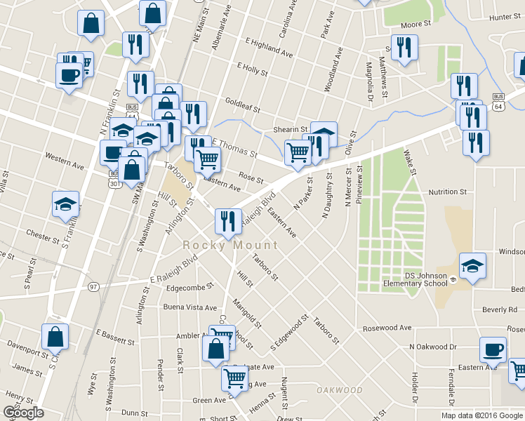map of restaurants, bars, coffee shops, grocery stores, and more near 501 Eastern Ave in Rocky Mt