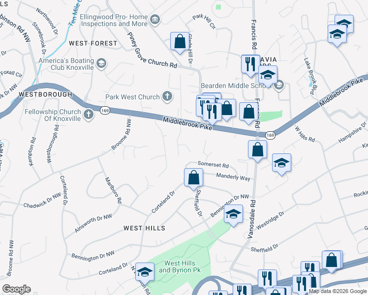 map of restaurants, bars, coffee shops, grocery stores, and more near 7520 Kerri Way in Knoxville