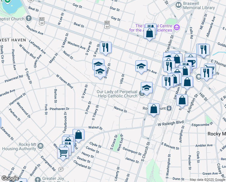 map of restaurants, bars, coffee shops, grocery stores, and more near 415 South Howell Street in Rocky Mount