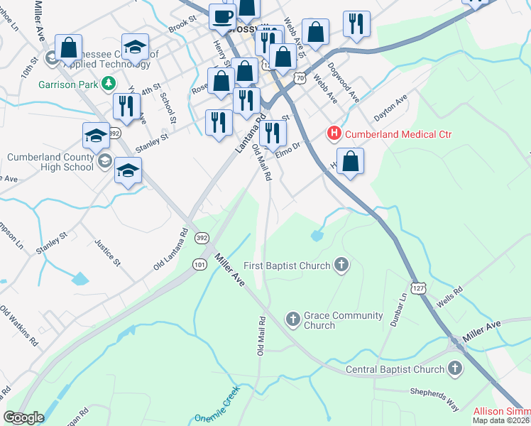 map of restaurants, bars, coffee shops, grocery stores, and more near 278 Old Mail Road in Crossville