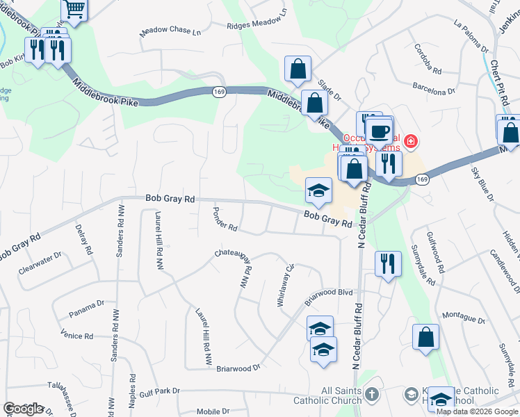 map of restaurants, bars, coffee shops, grocery stores, and more near 913 Gulf Stream Drive in Knoxville