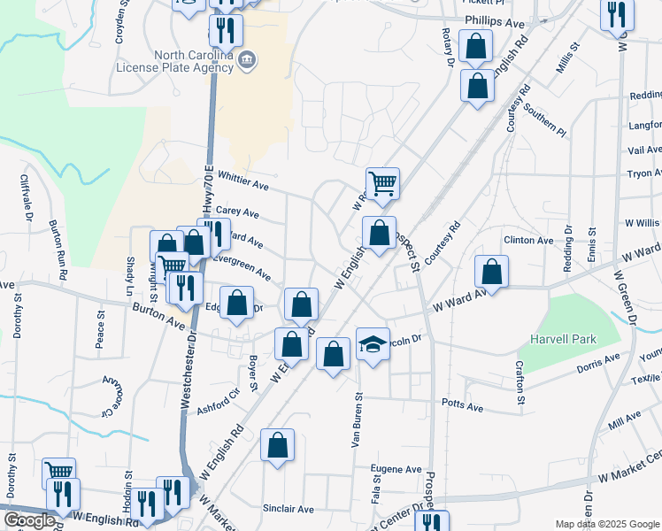 map of restaurants, bars, coffee shops, grocery stores, and more near 208 North Ward Avenue in High Point