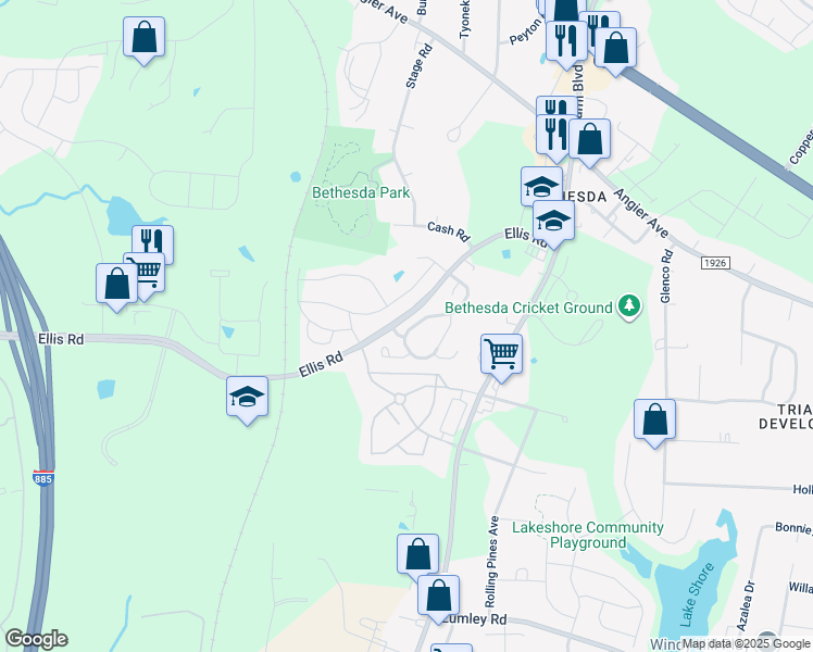map of restaurants, bars, coffee shops, grocery stores, and more near 409 Hidden Springs Drive in Durham