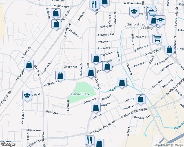 map of restaurants, bars, coffee shops, grocery stores, and more near 803 West Ward Avenue in High Point