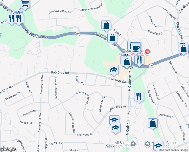 map of restaurants, bars, coffee shops, grocery stores, and more near 913 Gulf Stream Drive in Knoxville