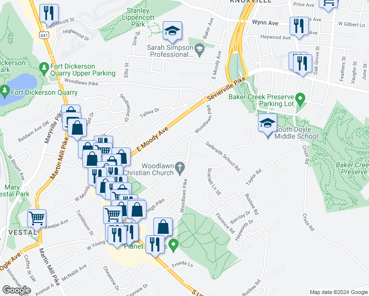 map of restaurants, bars, coffee shops, grocery stores, and more near 4123 Woodlawn Pike in Knoxville
