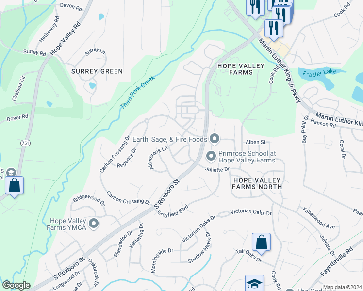 map of restaurants, bars, coffee shops, grocery stores, and more near 4506 Conklin Drive in Durham