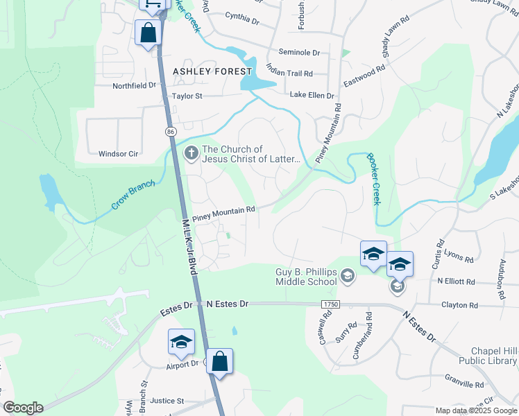 map of restaurants, bars, coffee shops, grocery stores, and more near 142 Piney Mountain Road in Chapel Hill