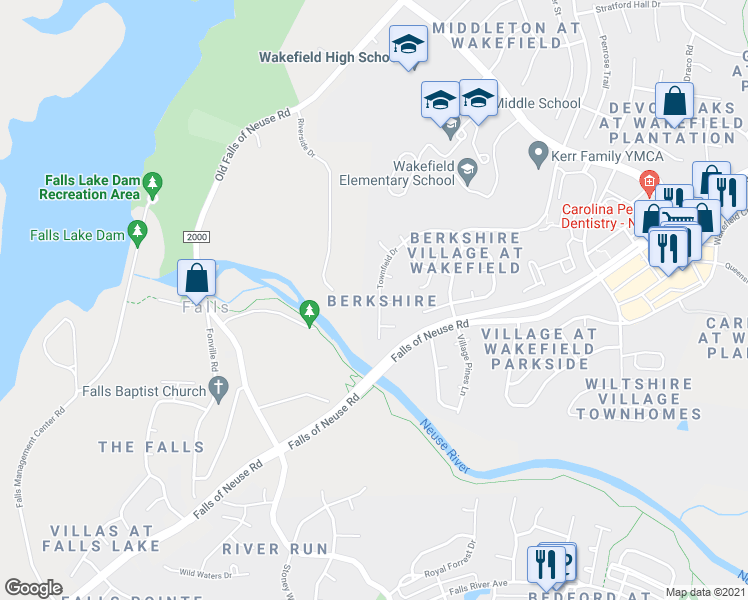 map of restaurants, bars, coffee shops, grocery stores, and more near 12900 Townfield Drive in Raleigh