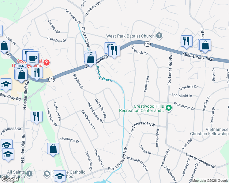 map of restaurants, bars, coffee shops, grocery stores, and more near 848 Sky Blue Drive in Knoxville