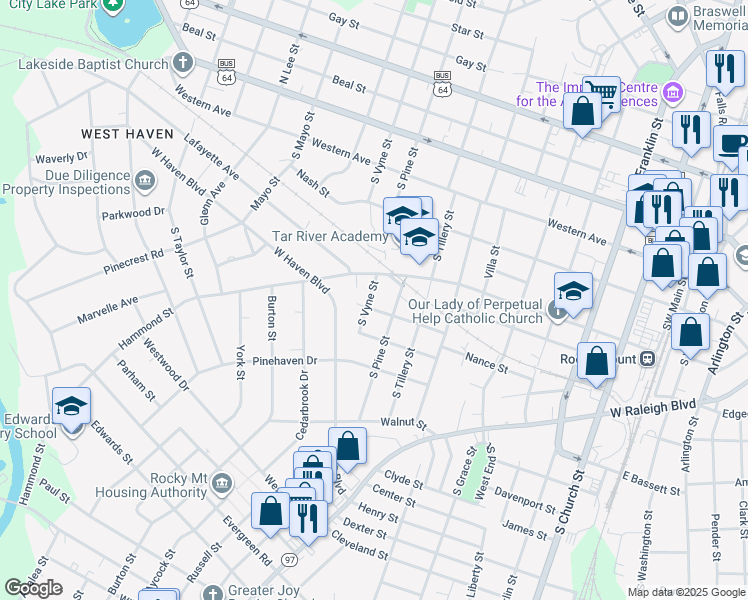 map of restaurants, bars, coffee shops, grocery stores, and more near 523 South Vyne Street in Rocky Mount