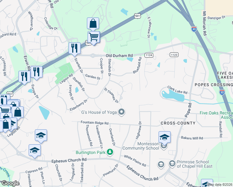 map of restaurants, bars, coffee shops, grocery stores, and more near 107 Page Crossing in Chapel Hill