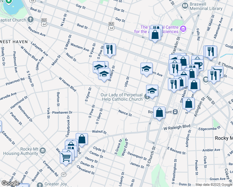 map of restaurants, bars, coffee shops, grocery stores, and more near 415 South Howell Street in Rocky Mount