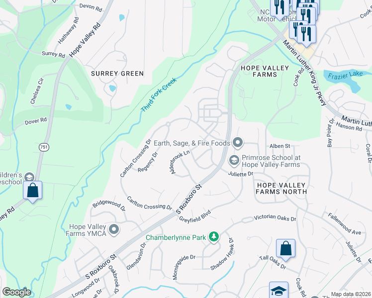 map of restaurants, bars, coffee shops, grocery stores, and more near 4513 Alderbrook Lane in Durham