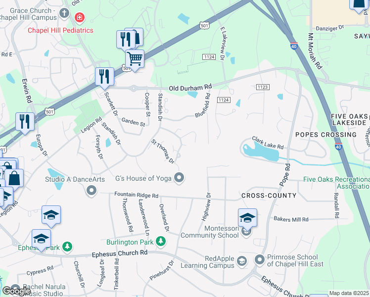 map of restaurants, bars, coffee shops, grocery stores, and more near 102 Ascot Place in Chapel Hill