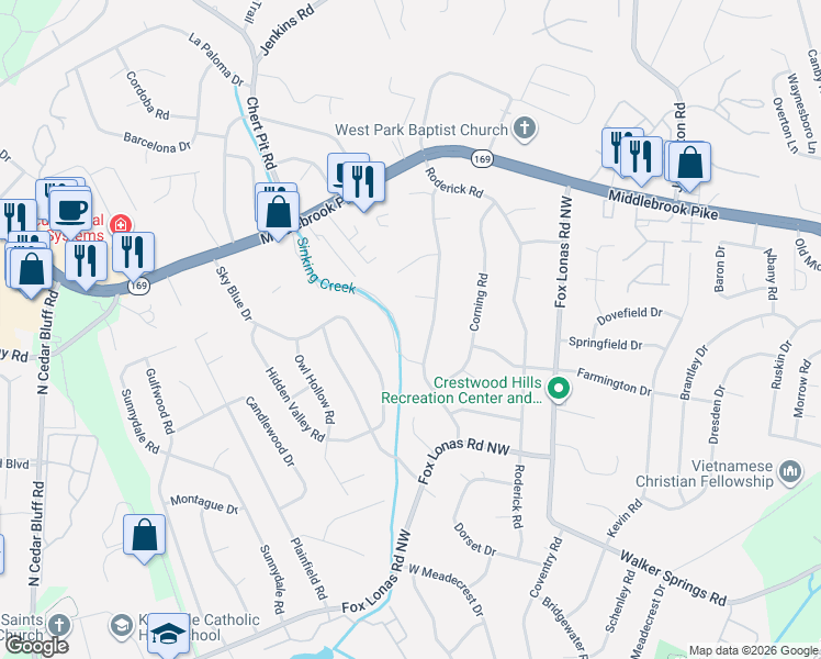map of restaurants, bars, coffee shops, grocery stores, and more near 8912 Farne Island Boulevard in Knoxville