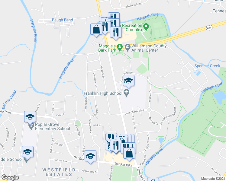 map of restaurants, bars, coffee shops, grocery stores, and more near 815 Hillsboro Road in Franklin