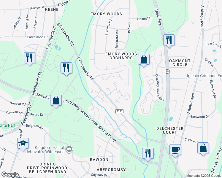 map of restaurants, bars, coffee shops, grocery stores, and more near 1707 East Cornwallis Road in Durham