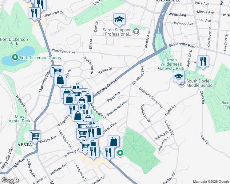 map of restaurants, bars, coffee shops, grocery stores, and more near 325 Riggs Avenue in Knoxville