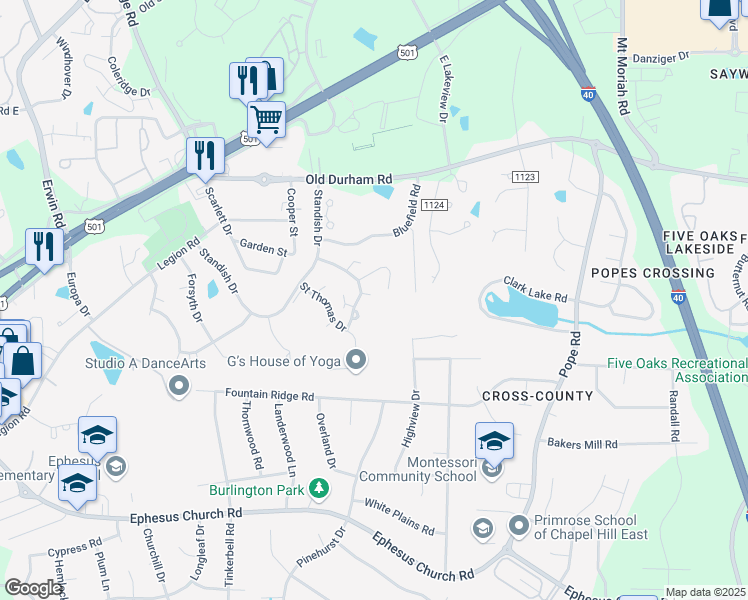 map of restaurants, bars, coffee shops, grocery stores, and more near 104 Ascot Place in Chapel Hill