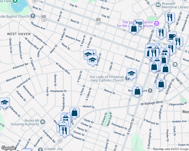 map of restaurants, bars, coffee shops, grocery stores, and more near 229 South Tillery Street in Rocky Mount