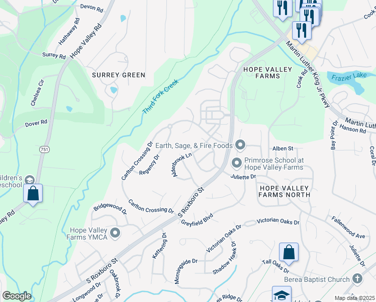map of restaurants, bars, coffee shops, grocery stores, and more near 4513 Alderbrook Lane in Durham