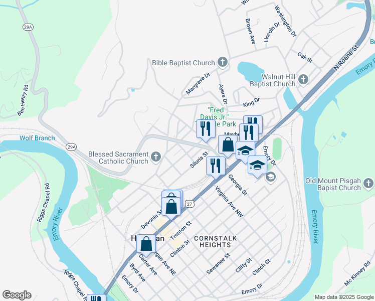 map of restaurants, bars, coffee shops, grocery stores, and more near 800 Virginia Avenue Northwest in Harriman