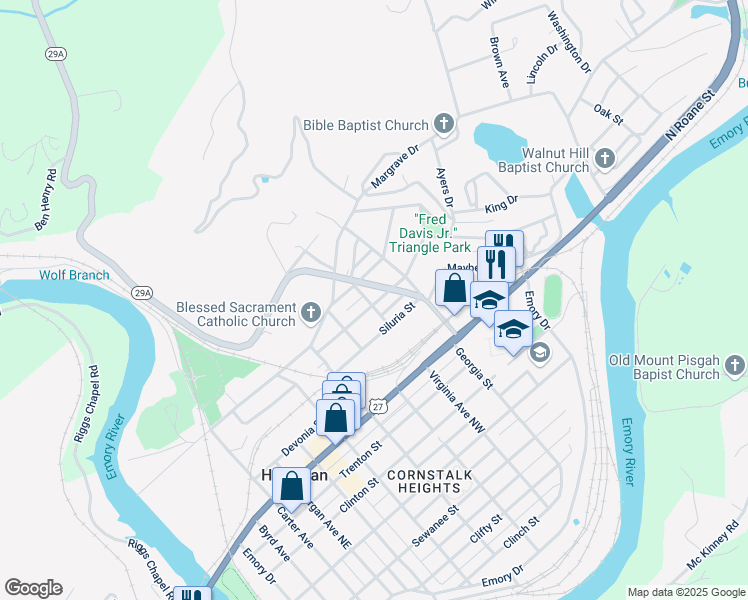 map of restaurants, bars, coffee shops, grocery stores, and more near 800 Virginia Avenue Northwest in Harriman