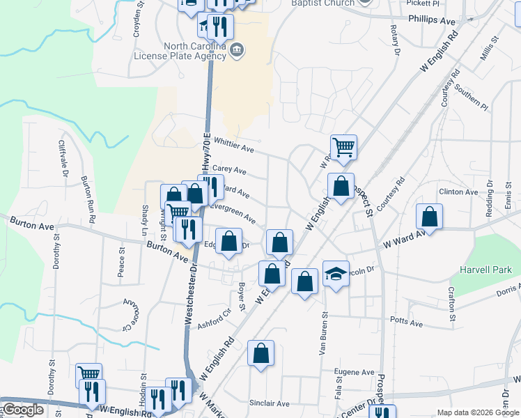 map of restaurants, bars, coffee shops, grocery stores, and more near 405 North Ward Avenue in High Point