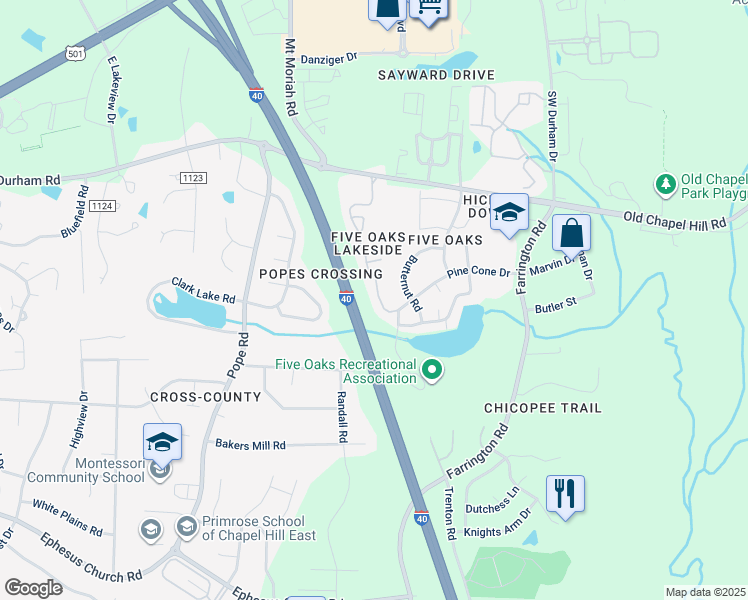 map of restaurants, bars, coffee shops, grocery stores, and more near 4318 Pin Oak Drive in Durham