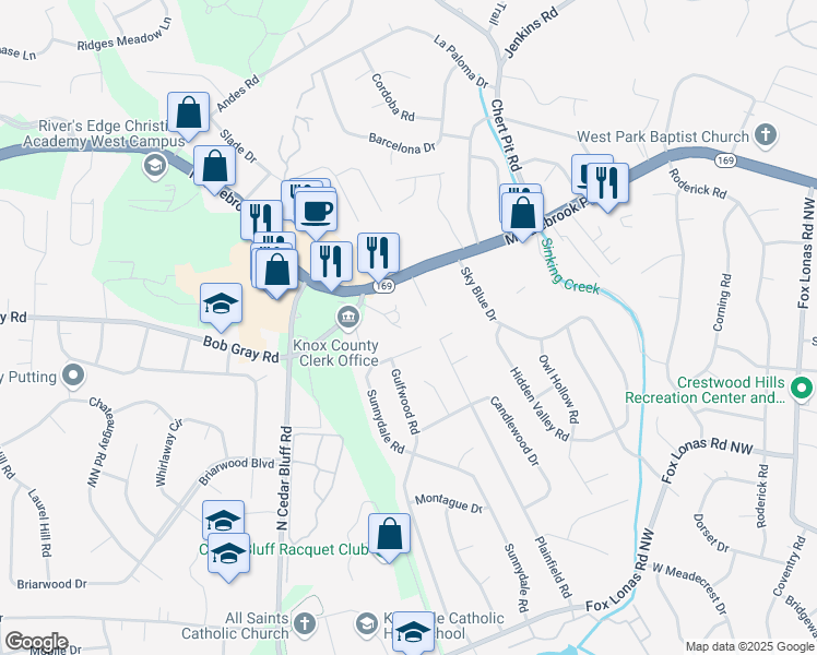 map of restaurants, bars, coffee shops, grocery stores, and more near 9102 Jenny Cook Circle in Knoxville