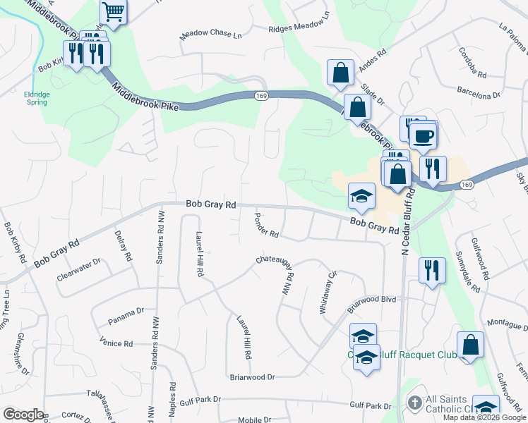 map of restaurants, bars, coffee shops, grocery stores, and more near 990 Ponder Road Northwest in Knoxville