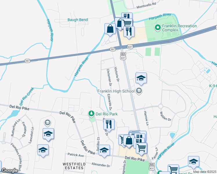 map of restaurants, bars, coffee shops, grocery stores, and more near 819 Chrisman Drive in Franklin