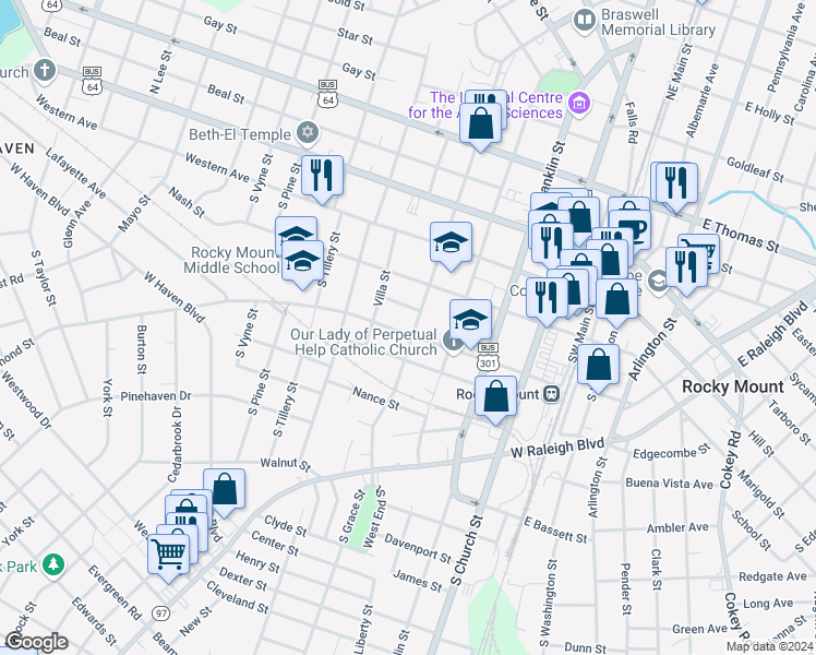 map of restaurants, bars, coffee shops, grocery stores, and more near 500 Hammond Street in Rocky Mount