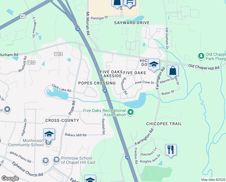 map of restaurants, bars, coffee shops, grocery stores, and more near 4318 Pin Oak Drive in Durham