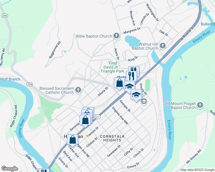 map of restaurants, bars, coffee shops, grocery stores, and more near 604 Oakdale Highway in Harriman